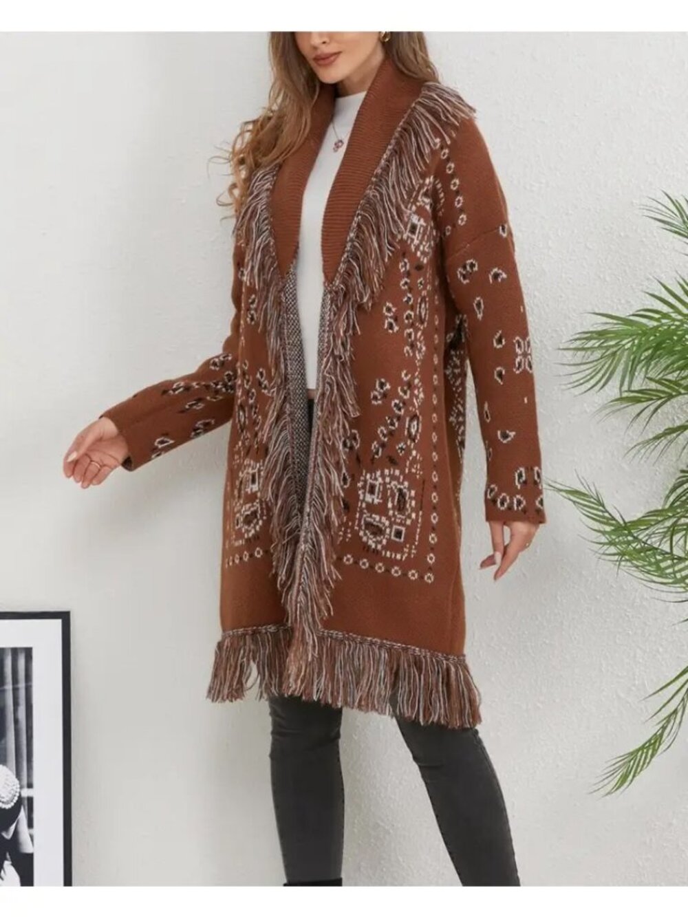 Western Fringed Ethnic Jacquard Cardigan - Picture 3 of 5